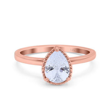14K Rose Gold Vintage Style Solitaire Accent Pear Wedding Ring Simulated Cubic Zirconia Size-7